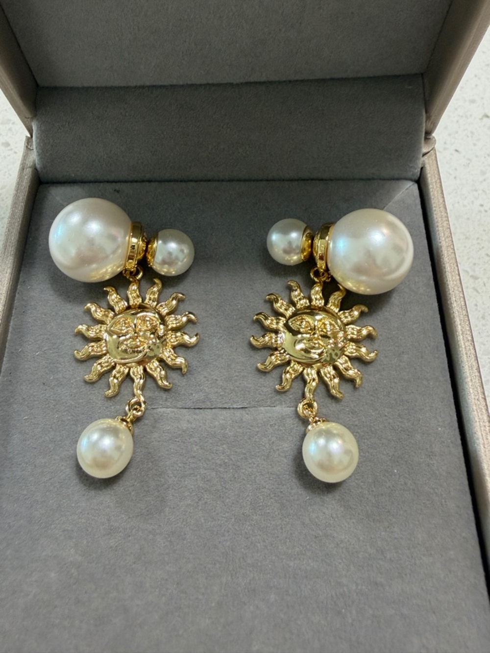 Gold Sun & Pearl Drop Earrings - White Pearls